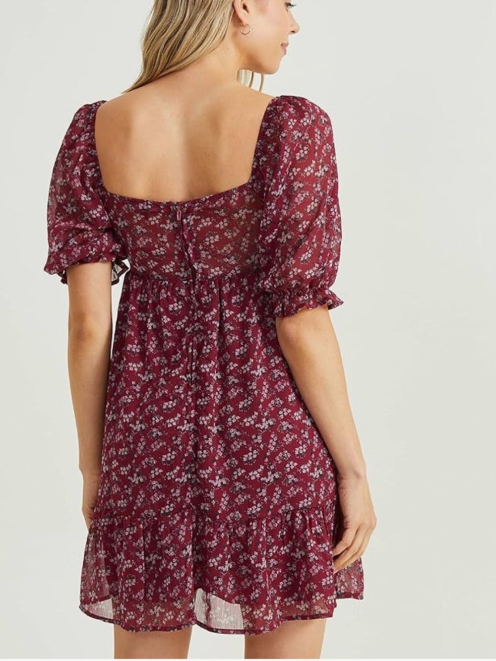 Square-Neck Burgundy Floral Mini Dress